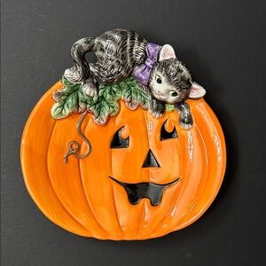 Charming Fitz and Floyd Halloween Cat and Pumpkin Decorative Canapé Plate